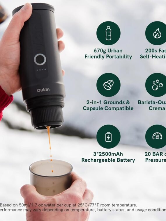 OutIn Nano Portable Electric Espresso Machine, Travel Coffee Maker for Camping, Car Coffee Maker Self-Heating with USB-C, With Ground Coffee & NS Capsule for RV, Hiking, Office